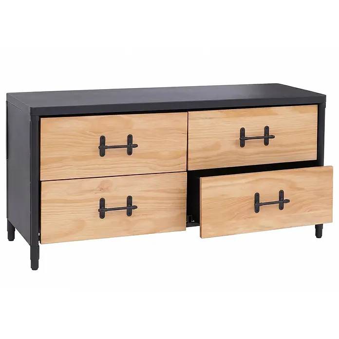 Mendler Kommode HWC-Q66 - L x B x H: 120 x 40 x 60 cm, Natur, Anzahl Schubladen: 4 Stk. - Niedrige schwarz-naturholz Kommode mit vier Schubladen, eine offen, mit schwarzen Griffen.