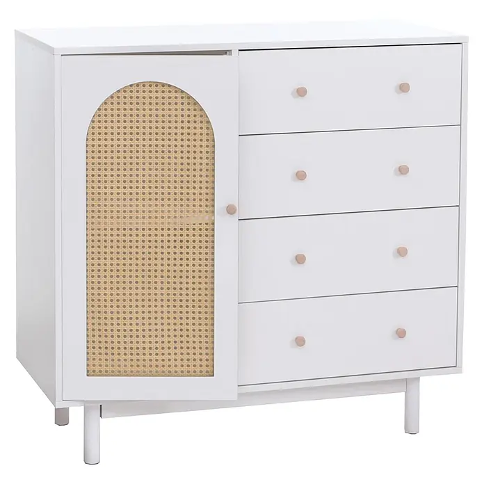 Mendler Kommode HWC-P52 Poly-Rattan MDF Melamin 95x100x40cm - weiß -  - Weiße Kommode mit vier Schubladen und einer Schranktür mit gewölbtem Rattan-Einsatz. Sie hat hellhölzerne Knaufgriffe.