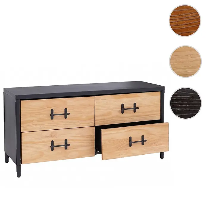 Mendler Kommode HWC-Q66 - L x B x H: 120 x 40 x 60 cm, Natur, Anzahl Schubladen: 4 Stk. - Modernes Sideboard mit dunklem Gestell, hellen Holzschubladen, schwarzen Metallgriffen. Enthält Muster verschiedener Holzoberflächen.