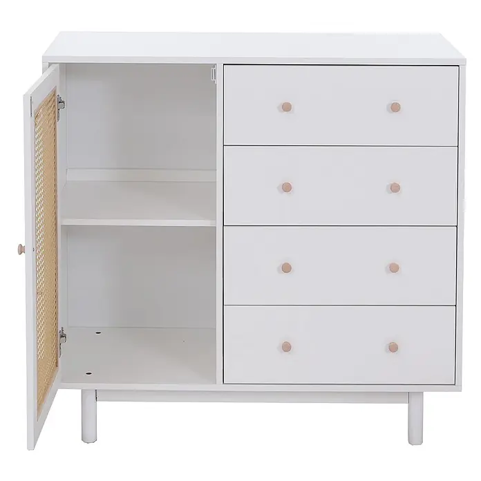 Mendler Kommode HWC-P52 Poly-Rattan MDF Melamin 95x100x40cm - weiß -  - Weißer Schrank mit Rattantür und Regalböden, sowie vier Schubladen mit hellen Holzknöpfen.