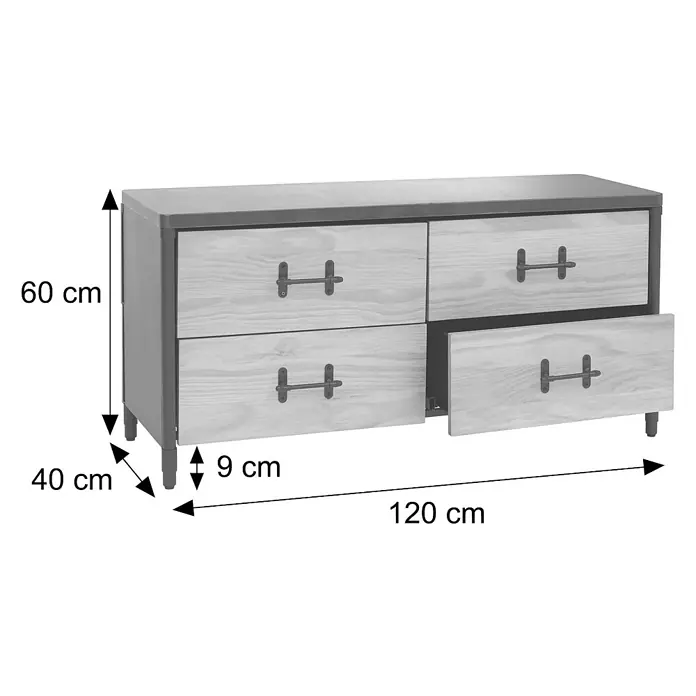 Mendler Kommode HWC-Q66 - L x B x H: 120 x 40 x 60 cm, Natur, Anzahl Schubladen: 4 Stk. - Dunkelgraue Kommode mit Metallrahmen und vier hellen Holzschubladen, eine davon offen. Maße sind angegeben.