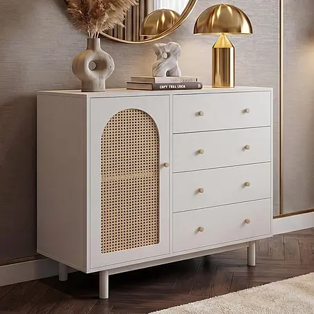 Mendler Kommode HWC-P52 Poly-Rattan MDF Melamin 95x100x40cm - weiß