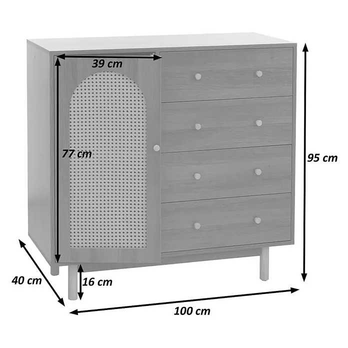 Mendler Kommode HWC-P52 Poly-Rattan MDF Melamin 95x100x40cm - weiß -  - Heller Holzschrank mit Rattantür und vier Schubladen, auf Beinen stehend.