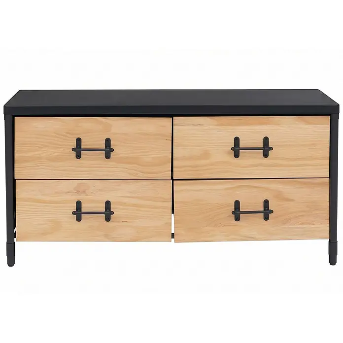 Mendler Kommode HWC-Q66 - L x B x H: 120 x 40 x 60 cm, Natur, Anzahl Schubladen: 4 Stk. - Niedriger Schrank aus schwarzem Metall und hellem Holz mit vier Schubladen und schwarzen Metallgriffen.