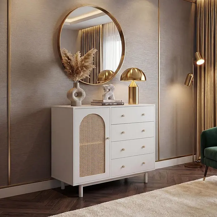 Mendler Kommode HWC-P52 Poly-Rattan MDF Melamin 95x100x40cm - weiß -  - Weiße Kommode mit gewölbter Rattantür und vier Schubladen mit Holzknöpfen, als stilvolles Staumöbel.
