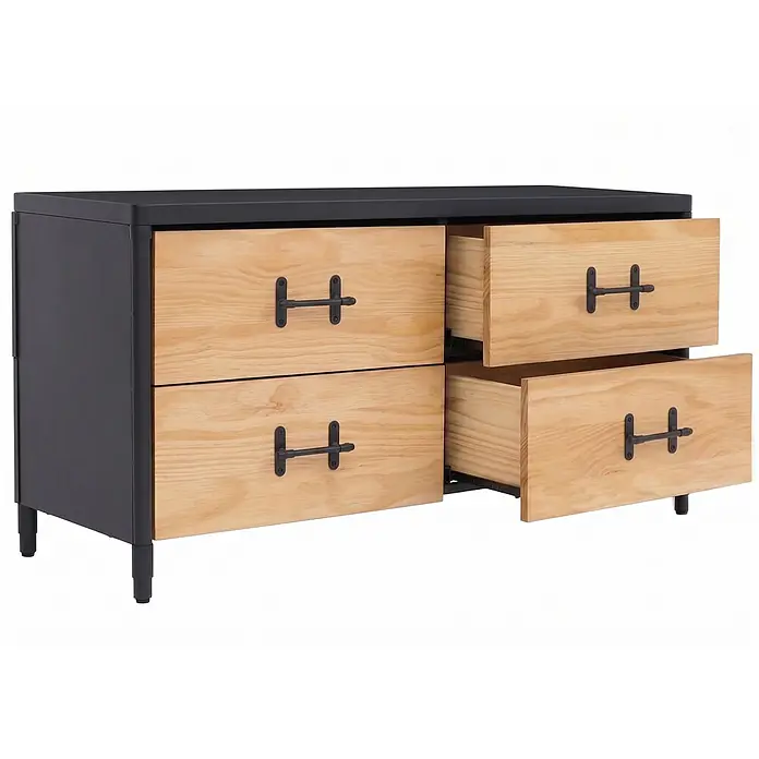Mendler Kommode HWC-Q66 - L x B x H: 120 x 40 x 60 cm, Natur, Anzahl Schubladen: 4 Stk. - Kommode mit vier Schubladen, schwarzem Metallrahmen und hellen Holzfronten, teilweise geöffnet.