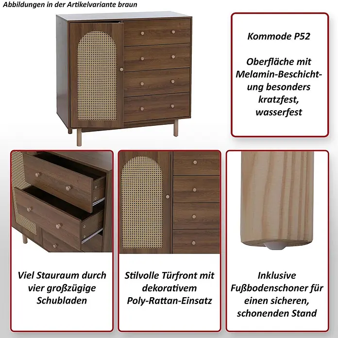 Mendler Kommode HWC-P52 Poly-Rattan MDF Melamin 95x100x40cm - Walnuss-Optik -  - Braune Kommode mit vier Schubladen und einer Tür mit dekorativem Rattan-Einsatz.