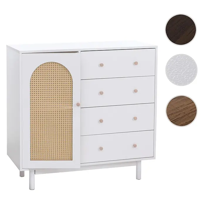 Mendler Kommode HWC-P52 Poly-Rattan MDF Melamin 95x100x40cm - weiß -  - Weiße Kommode mit Rattantür, vier Schubladen mit Holzknöpfen und Materialoptionen.