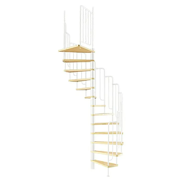 Dolle Spindeltreppe Wien - Durchmesser: 138 cm, Weiß, Farbe Stufen: Buche Natur, Geschosshöhe: 229 cm - 291 cm - Elegante Wendeltreppe mit Holzstufen und weißem Metallgeländer. Die Treppe bietet eine platzsparende und stilvolle Lösung für den Innenbereich.