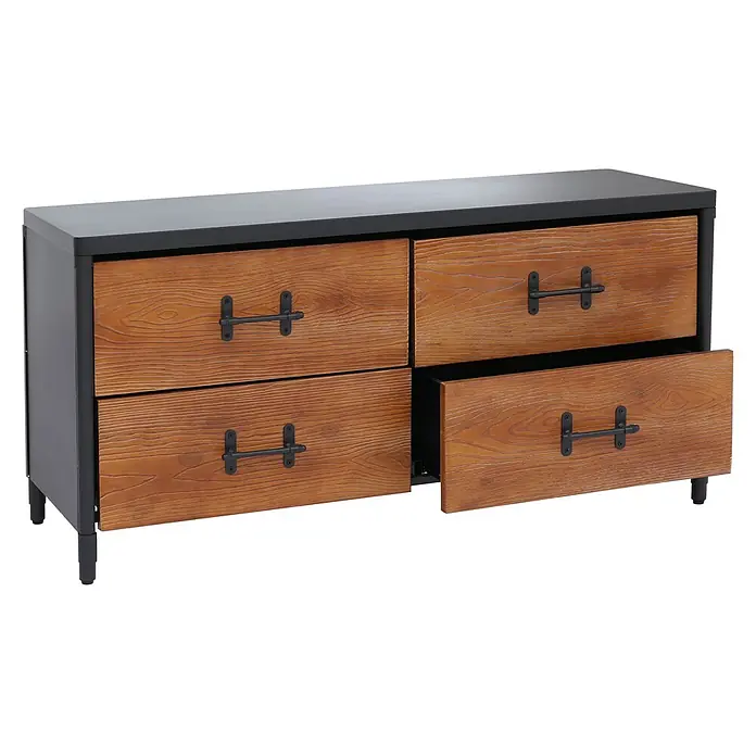 Mendler Kommode HWC-Q66 60x120x40cm - Holz braun, Metall schwarz -  - Schwarze Metallkommode mit vier Holzschubladen und schwarzen Stangengriffen, eine Schublade ist geöffnet.