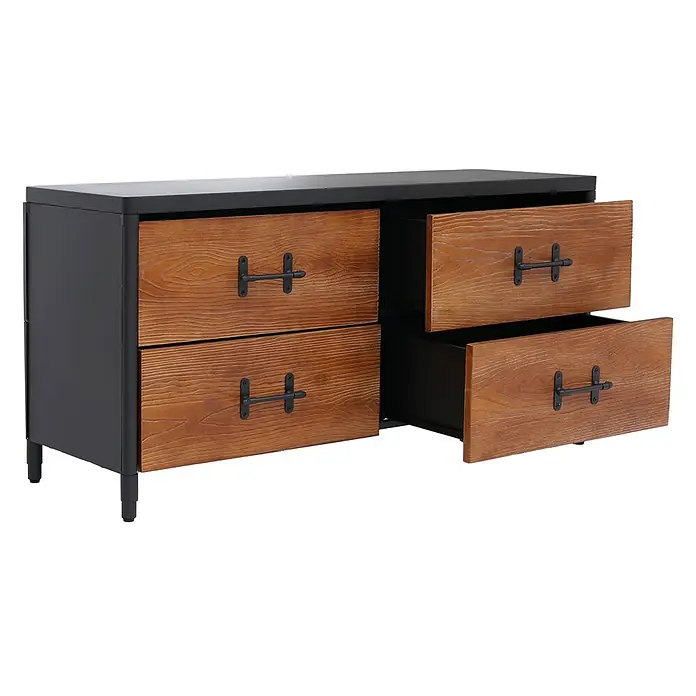 Mendler Kommode HWC-Q66 60x120x40cm - Holz braun, Metall schwarz -  - Kommode mit schwarzem Rahmen und vier dunklen Holzschubladen, zwei offen, mit schwarzen H-Griffen.