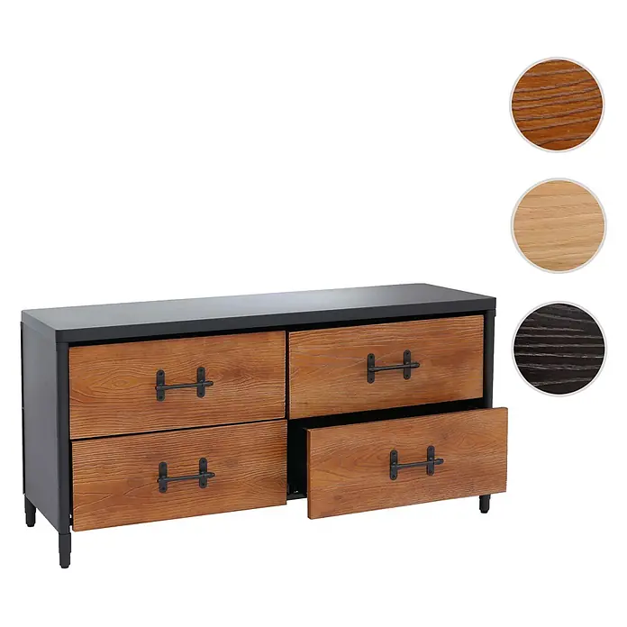 Mendler Kommode HWC-Q66 60x120x40cm - Holz braun, Metall schwarz -  - Niedrige Kommode mit schwarzem Rahmen, dunkler Platte, vier hellbraunen Holzschubladen mit schwarzen Metallgriffen. Einschließlich Holzfarbmuster.