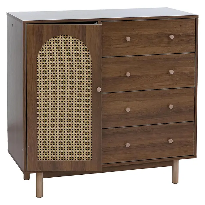 Mendler Kommode HWC-P52 Poly-Rattan MDF Melamin 95x100x40cm - braun -  - Dunkelbrauner Holzschrank mit gewebter Rattantür, vier Schubladen mit hellen Holzknöpfen und Holzbeinen.