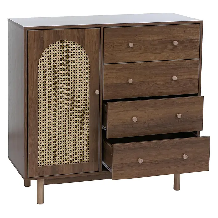 Mendler Kommode HWC-P52 Poly-Rattan MDF Melamin 95x100x40cm - braun -  - Dunkelbrauner Holzschrank mit einer Tür mit gewölbtem Rattan-Einsatz und vier Schubladen mit runden Holzknöpfen, zwei davon offen.