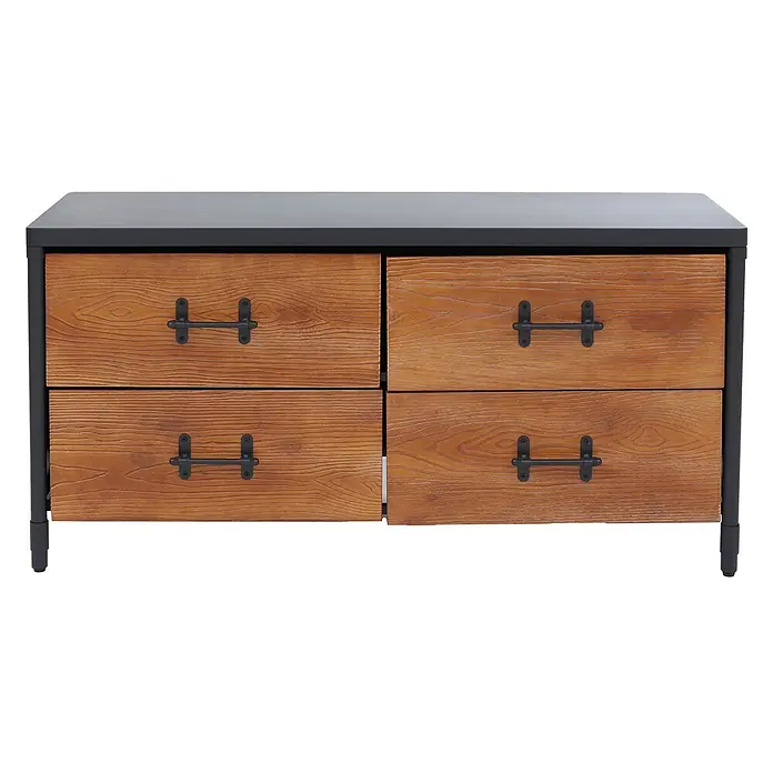 Mendler Kommode HWC-Q66 60x120x40cm - Holz braun, Metall schwarz -  - Schwarze und braune Holzkommode mit schwarzem Metallrahmen und vier Schubladen mit schwarzen Metallgriffen.
