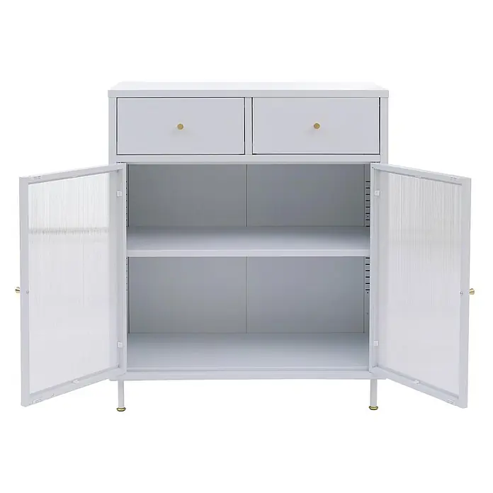 Mendler Kommode HWC-O87 96x80x40cm Metall - weiß -  - Weißer Metallschrank mit zwei Schubladen und zwei gerippten transluzenten Türen, Regalböden freilegend, mit goldfarbenen Griffen und Füßen.