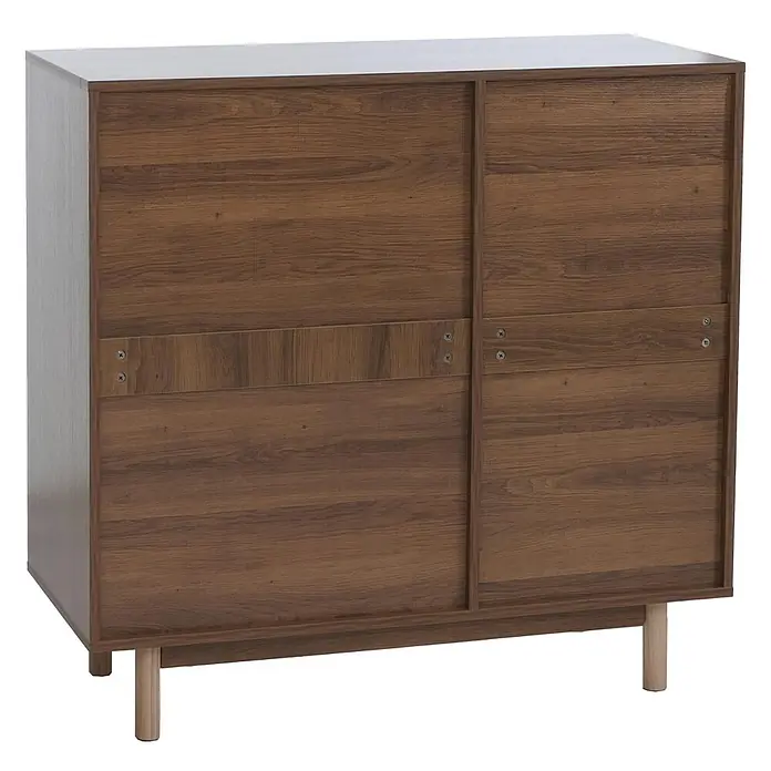Mendler Kommode HWC-P52 Poly-Rattan MDF Melamin 95x100x40cm - braun -  - Brauner Holzschrank mit zwei Schiebetüren und hellen Holzbeinen.