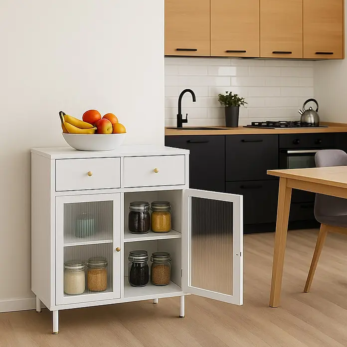 Mendler Kommode HWC-O87 96x80x40cm Metall - weiß -  - Weißer Aufbewahrungsschrank mit zwei Schubladen und zwei Türen aus geriffeltem Glas, mit Obst und Gläsern, in einer modernen Küche.