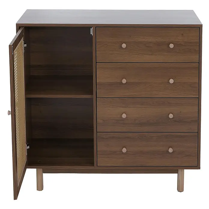 Mendler Kommode HWC-P52 Poly-Rattan MDF Melamin 95x100x40cm - braun -  - Dunkelbrauner Holzschrank mit offener Rattantür, Regalen und vier Schubladen mit hellen Holzknöpfen, auf hellen Holzbeinen.