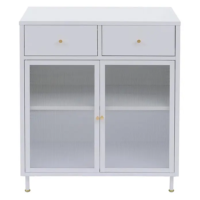 Mendler Kommode HWC-O87 96x80x40cm Metall - weiß -  - Weißes Sideboard mit zwei Schubladen und zwei Türen aus geriffeltem Glas, goldenen Knöpfen und Beinen.