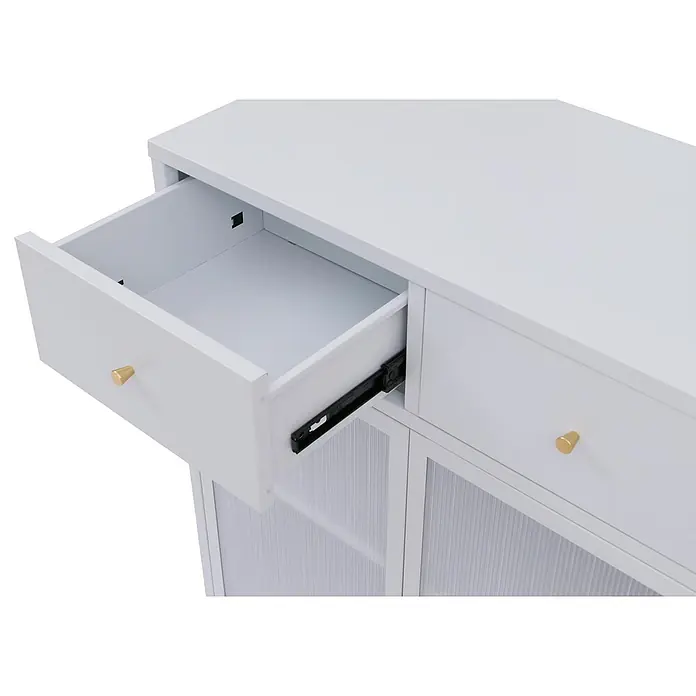 Mendler Kommode HWC-O87 96x80x40cm Metall - weiß -  - Weißer Schrank mit offener Schublade, goldenem Knauf und geriffelten Glastüren. Stilvolle Aufbewahrung.