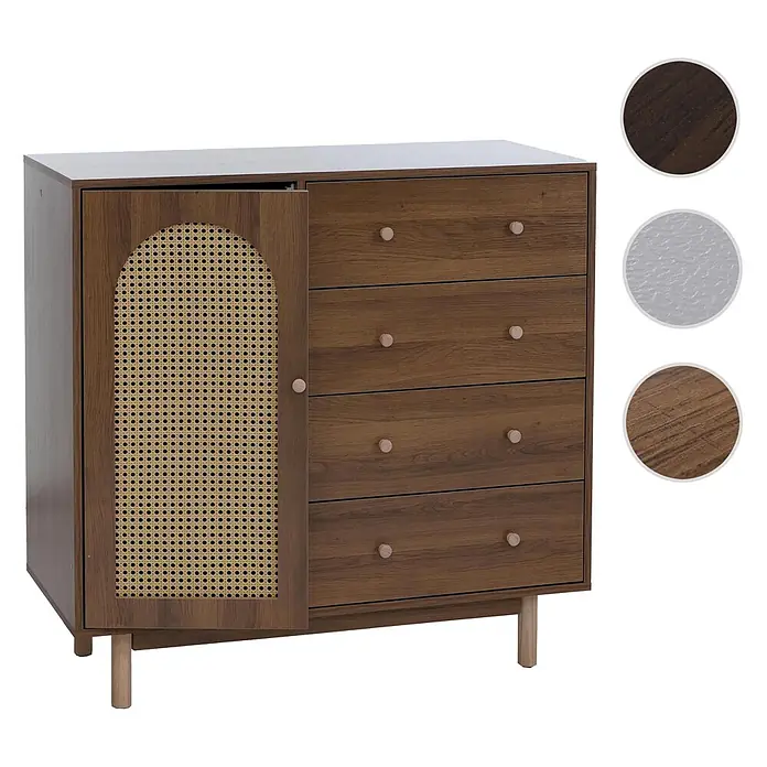 Mendler Kommode HWC-P52 Poly-Rattan MDF Melamin 95x100x40cm - braun -  - Braune Holzkommode mit Rattantür links und vier Schubladen mit Holzknäufen rechts, auf hellen Holzbeinen.