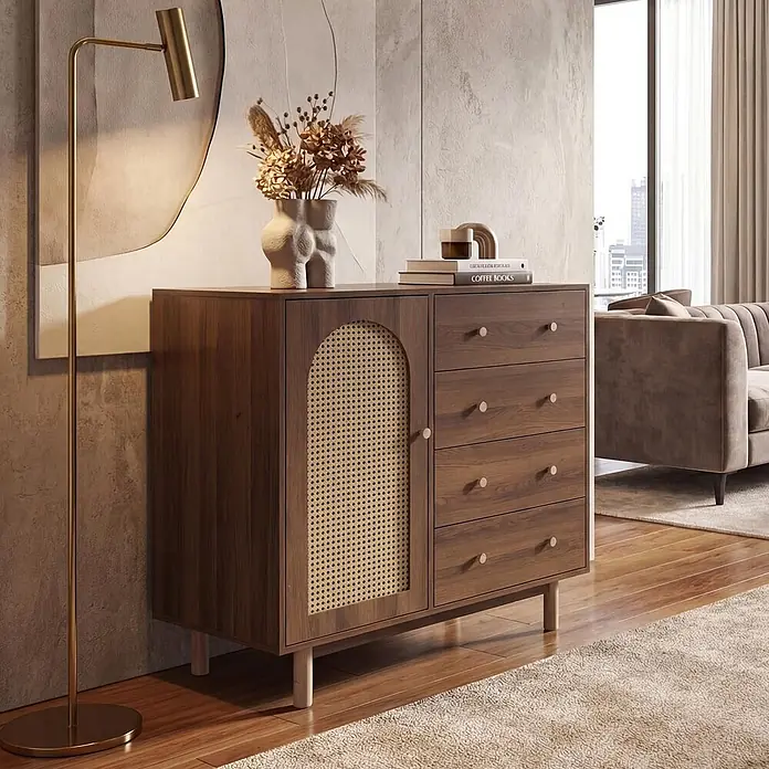 Mendler Kommode HWC-P52 Poly-Rattan MDF Melamin 95x100x40cm - braun -  - Dunkler Holzschrank mit Rattantür und mehreren Schubladen, in einem modernen Wohnzimmer.