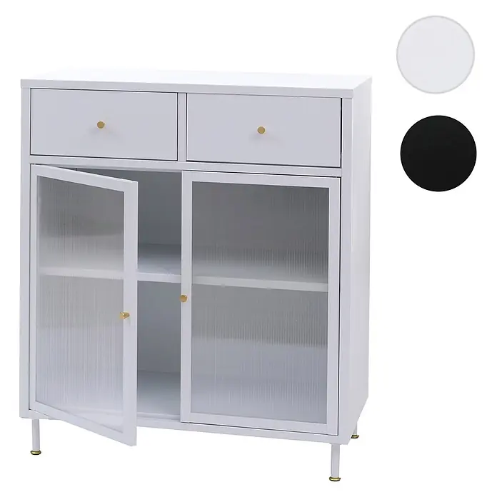 Mendler Kommode HWC-O87 96x80x40cm Metall - weiß -  - Weißer Schrank mit zwei Schubladen, zwei geriffelten Glastüren und goldenen Griffen/Beinen.