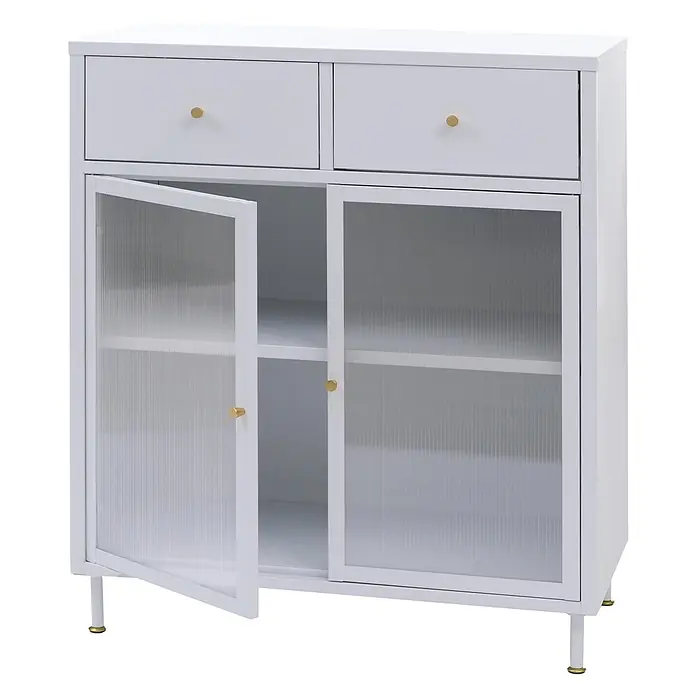 Mendler Kommode HWC-O87 96x80x40cm Metall - weiß -  - Weißer Schrank mit zwei Schubladen, geriffelten Glastüren, goldfarbenen Griffen und Füßen.