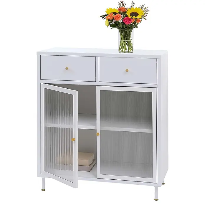 Mendler Kommode HWC-O87 96x80x40cm Metall - weiß -  - Weißer Schrank mit zwei Schubladen und zwei Türen aus geriffeltem Glas, goldene Griffe und Beinakzente. Mit Ablageflächen.