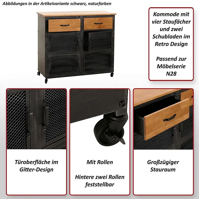 Mendler Kommode HWC-N28 - L x B x H: 100 x 40 x 90 cm, Naturfarben, Anzahl Schubladen: 2 Stk. - Schwarze Kommode mit naturfarbenen Holzschubladen, Gittertüren und Rollen im Retro-Design.