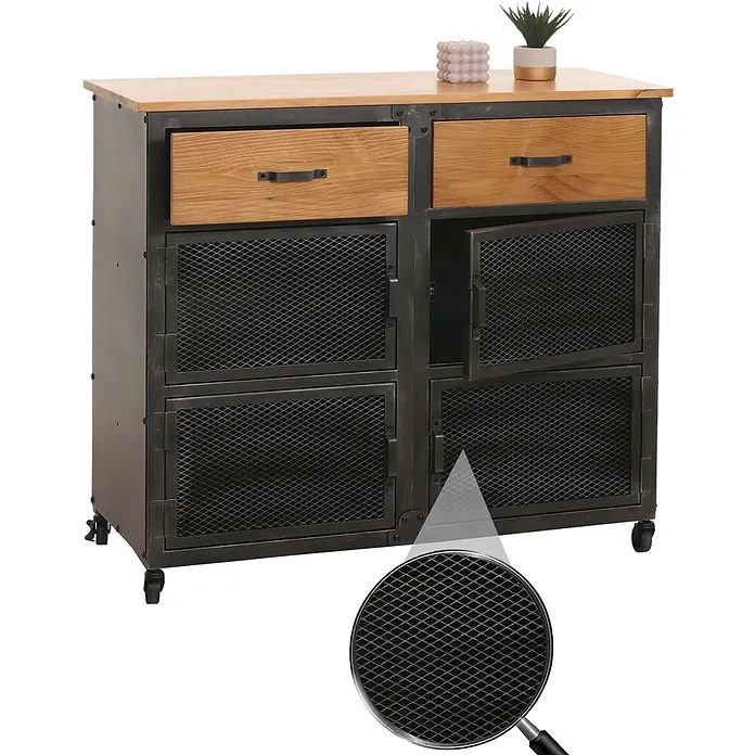 Mendler Kommode HWC-N28 - L x B x H: 100 x 40 x 90 cm, Naturfarben, Anzahl Schubladen: 2 Stk. - Industriekommode mit Holzplatte, dunklem Metallrahmen, zwei Holzschubladen und vier Gittertüren, auf Rollen.