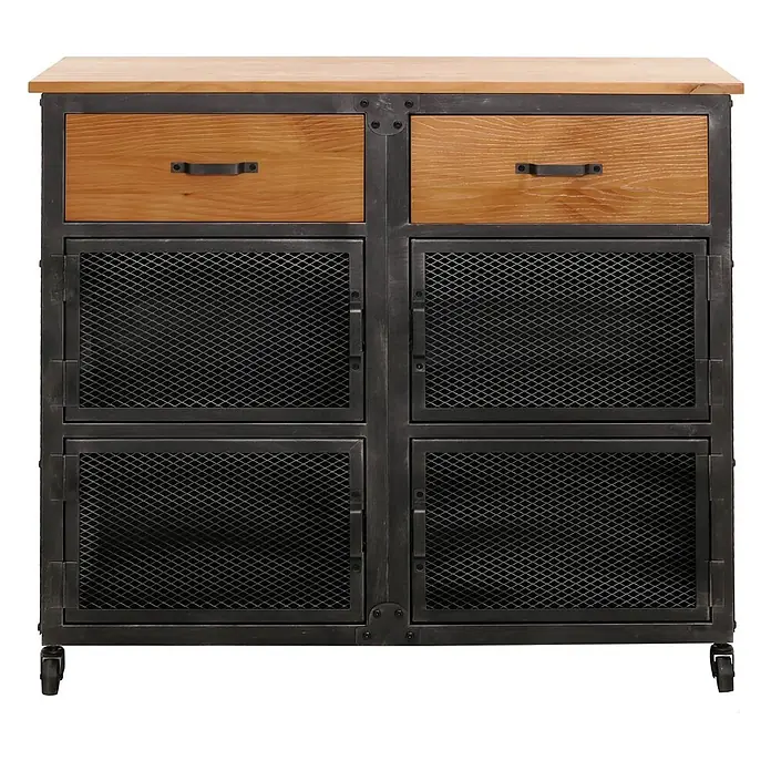 Mendler Kommode HWC-N28 - L x B x H: 100 x 40 x 90 cm, Naturfarben, Anzahl Schubladen: 2 Stk. - Industrieller Holz-Metall-Schrank mit zwei Schubladen, vier Gittertüren und Rollen.