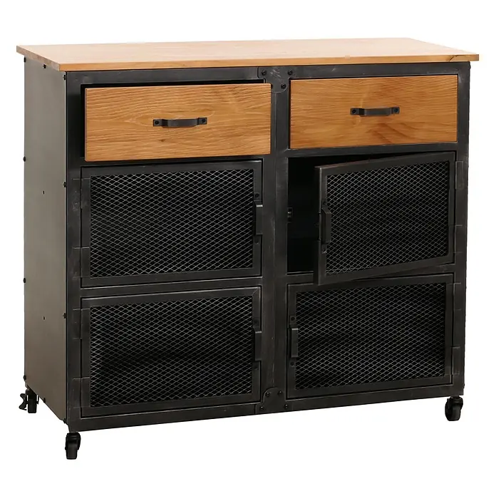 Mendler Kommode HWC-N28 - L x B x H: 100 x 40 x 90 cm, Naturfarben, Anzahl Schubladen: 2 Stk. - Industrieller Lagerschrank mit heller Holzplatte, dunklem Metallrahmen, zwei Holzschubladen und Gittertüren, auf Rollen.
