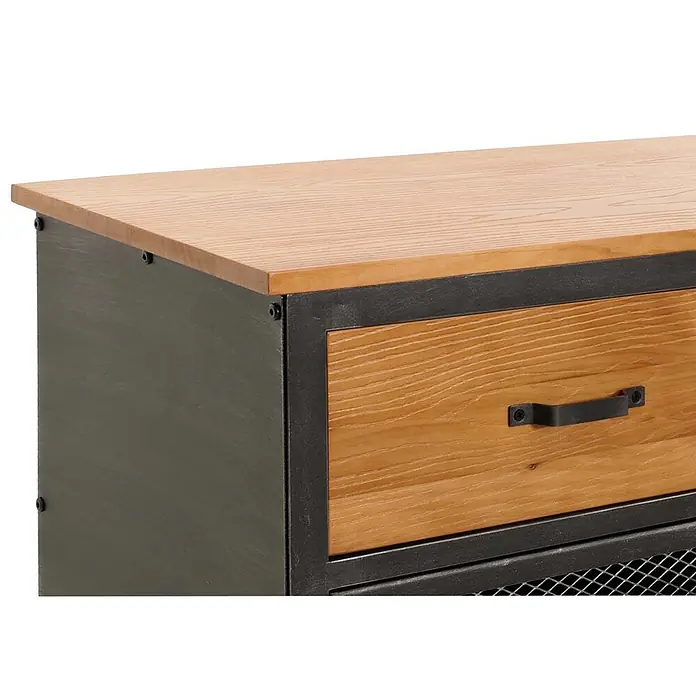 Mendler Kommode HWC-N28 - L x B x H: 100 x 40 x 90 cm, Naturfarben, Anzahl Schubladen: 2 Stk. - Industrieller Schrank mit heller Holzplatte, dunklem Metallrahmen und Holzschublade mit schwarzem Metallgriff.