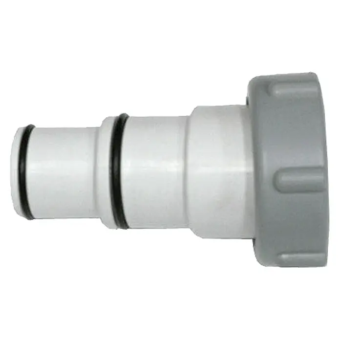 Intex Adapter - Außendurchmesser: 38 mm, Innendurchmesser: 32 mm, Größe Anschluss: 2″ - Ein weißer Poolschlauchverbinder mit grauer Überwurfmutter, der für eine sichere Verbindung sorgt.