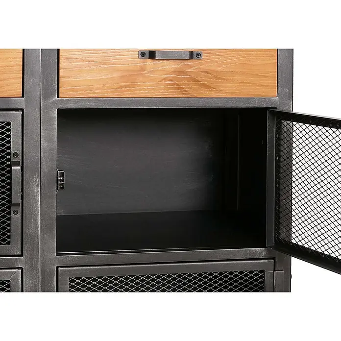 Mendler Kommode HWC-N28 - L x B x H: 100 x 40 x 90 cm, Naturfarben, Anzahl Schubladen: 2 Stk. - Industriekabinett mit offener Gittertür, die ein leeres graues Fach und Holzschubladen zeigt.