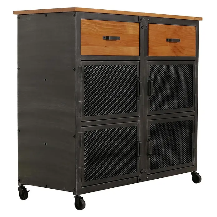 Mendler Kommode HWC-N28 - L x B x H: 100 x 40 x 90 cm, Naturfarben, Anzahl Schubladen: 2 Stk. - Schrank im Industrial-Stil mit dunklem Metallrahmen, heller Holzplatte und Schubladen, 4 Gittertüren und Rollen.