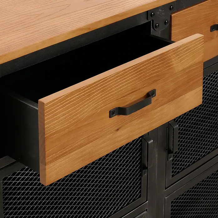 Mendler Kommode HWC-N28 - L x B x H: 100 x 40 x 90 cm, Naturfarben, Anzahl Schubladen: 2 Stk. - Industrieschrank mit heller Holzplatte, offener Holzschublade mit dunklem Griff und schwarzem Metallrahmen mit Gittertüren.