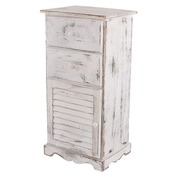 Mendler Kommode Shabby-Look 81x40x32cm - weiß -  - Schmaler, weißer Schrank aus Altholz mit zwei Schubladen und Lamellentür.