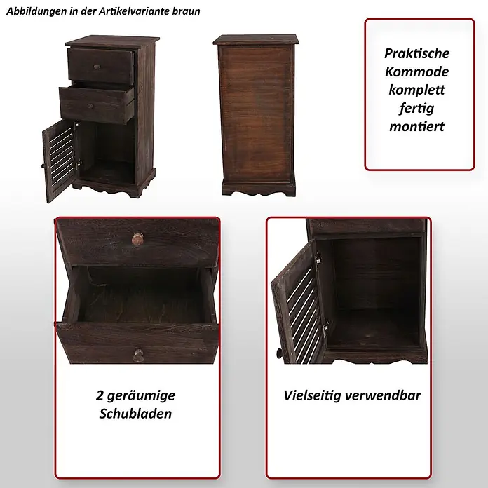 Mendler Kommode Shabby-Look 81x40x32cm - weiß -  - Dunkelbrauner Holzschrank mit zwei Schubladen und Lamellentür.