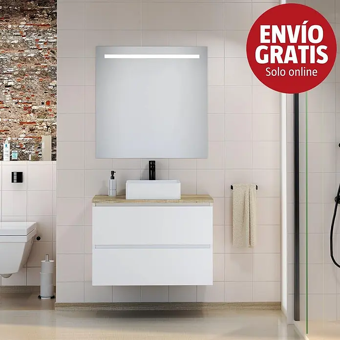 Artysan Mueble bajo de lavabo White - L x An x Al: 46 x 80 x 54,5 cm, Blanco/Nature - Mueble de baño moderno blanco con encimera de madera, lavabo rectangular y espejo iluminado en un baño.