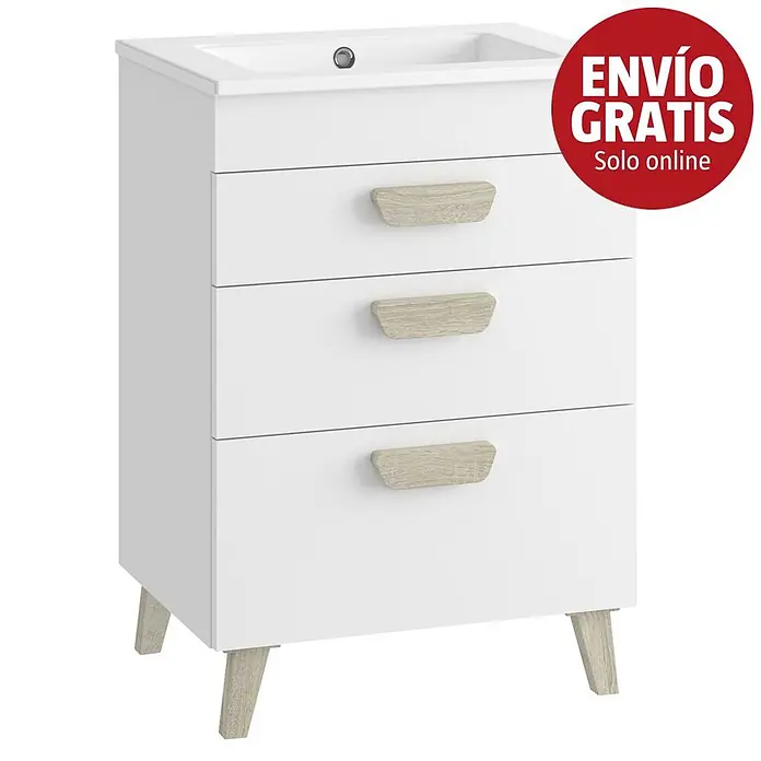 Mueble bajo de lavabo Danubio - L x An x Al: 45 x 60 x 72 cm, Blanco/Roble bardolino - Mueble de baño blanco con tres cajones, tiradores y patas de madera clara, y lavabo blanco integrado.