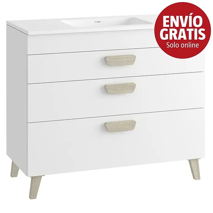 Mueble bajo de lavabo Danubio - L x An x Al: 45 x 100 x 72 cm, Blanco/Roble bardolino - Mueble de baño blanco con lavabo integrado, tres cajones y tiradores y patas efecto madera clara.