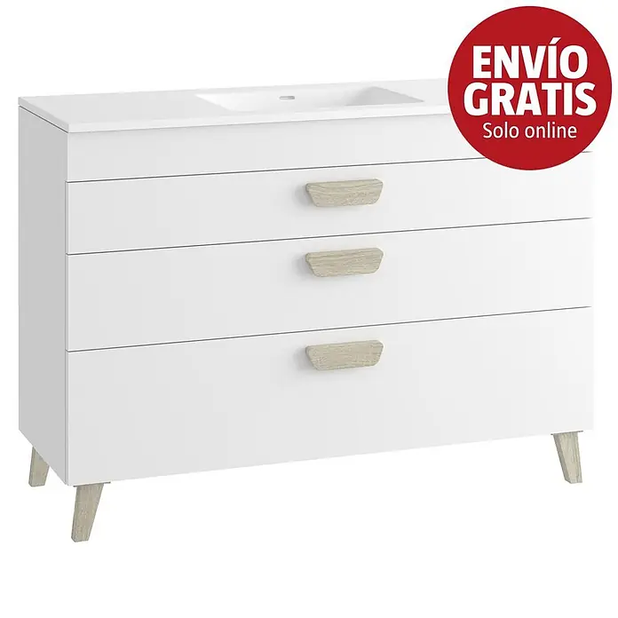 Mueble bajo de lavabo Danubio - L x An x Al: 45 x 120 x 72 cm, Blanco/Roble bardolino - Mueble de baño blanco con lavabo integrado, tres cajones con tiradores efecto madera y patas cónicas.
