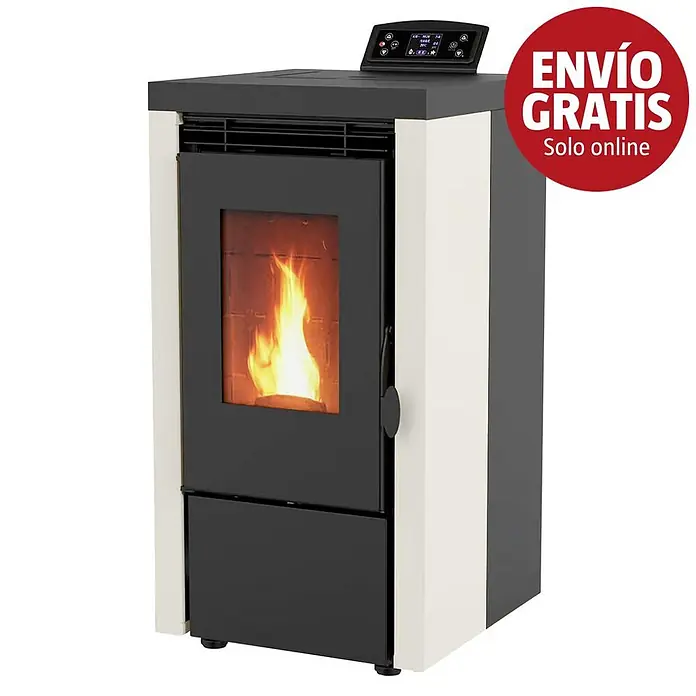 Estufa de pellets Elite - 7 kW, Volumen de calefacción: 110 m³, Blanco/Antracita - Estufa de pellets blanca y negra con llama visible a través de la puerta de cristal y panel de control superior.