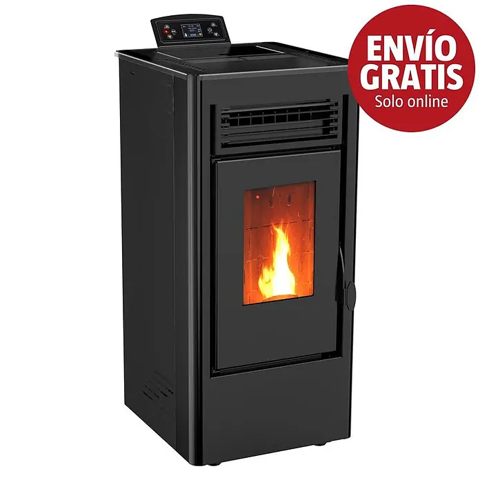 Estufa de pellets Nebula 9 - 8,45 kW - 9 kW, Volumen de calefacción: 180 m³, 1,09 kg/h - 1,66 kg/h, Negro - Estufa de pellets negra con llama visible detrás de una puerta de cristal y panel de control superior.