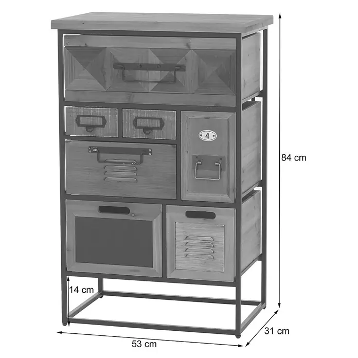 Mendler Kommode HWC-Q78 - L x B x H: 53 x 31 x 84 cm, Mehrfarbig, Anzahl Schubladen: 7 Stk. - Industrielle grau-holz-metall Kommode mit verschiedenen Schubladen und Fächern.