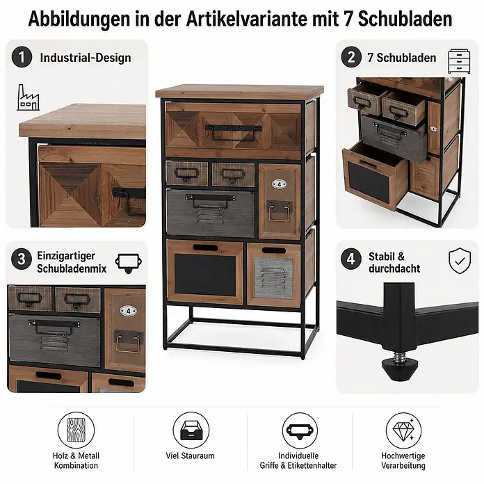 Mendler Kommode HWC-Q78 - L x B x H: 53 x 31 x 84 cm, Mehrfarbig, Anzahl Schubladen: 7 Stk. - Industrielle Holz-Metall-Kommode mit 7 gemischten Schubladen, einzigartigen Griffen und stabilen, verstellbaren Füßen.
