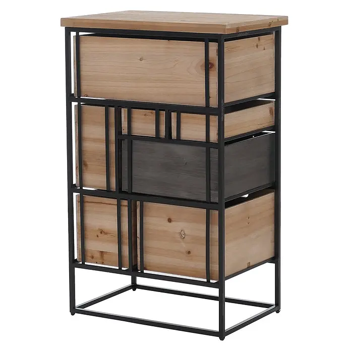 Mendler Kommode HWC-Q78 - L x B x H: 53 x 31 x 84 cm, Mehrfarbig, Anzahl Schubladen: 7 Stk. - Industrielles Aufbewahrungsmöbel mit schwarzem Metallrahmen, Holzplatte und verschiedenen Holzschubladen, eine davon dunkel.